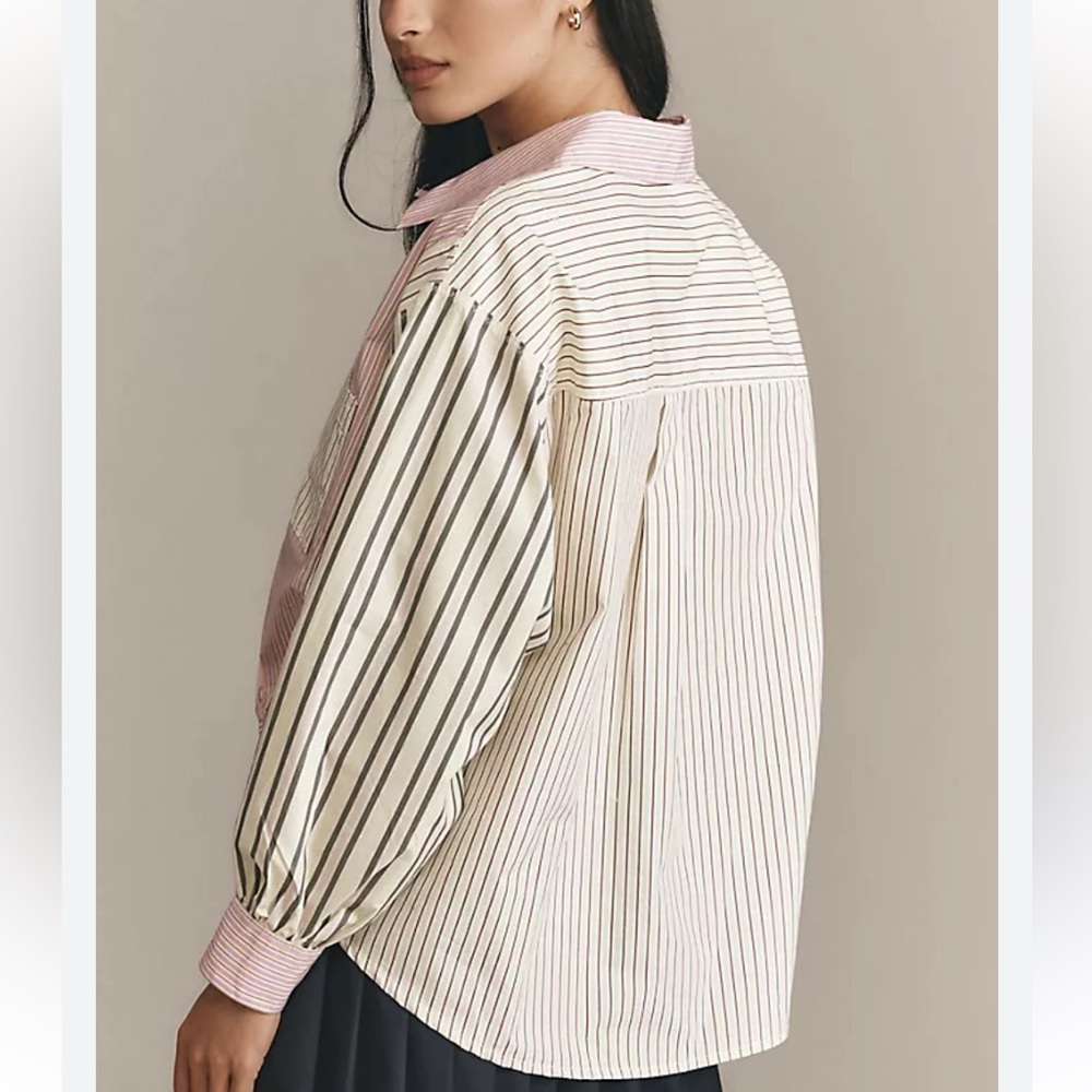 Anthropologie Striped Drawstring Button-Front Blouse. Size M (can fit up to XL) - Picture 2 of 10